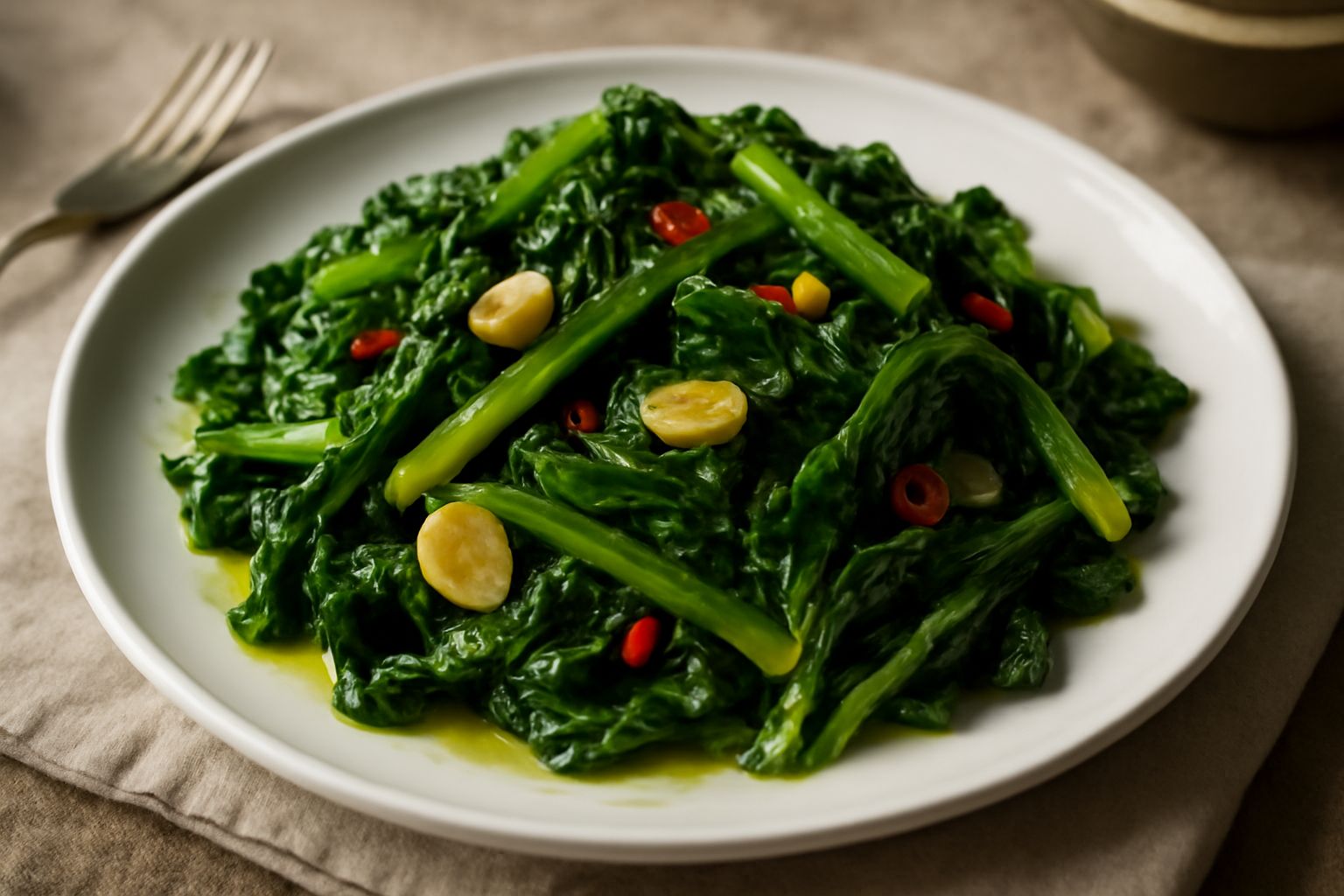 Scarola ripassata in un piatto bianco, verdura verde scuro leggermente appassita, lucida di olio, con spicchi d'aglio dorato visibili, peperoncino rosso sparso, contorno su fondo di legno naturale