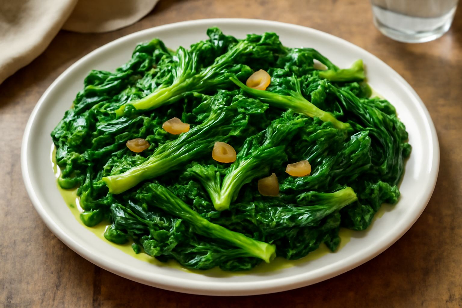 Scarola croccante e verde servita in un piatto bianco, condita di olio dorato e aglio, con superficie lucida e umida, foglie intere e ben distinguibili, contorno pulito.