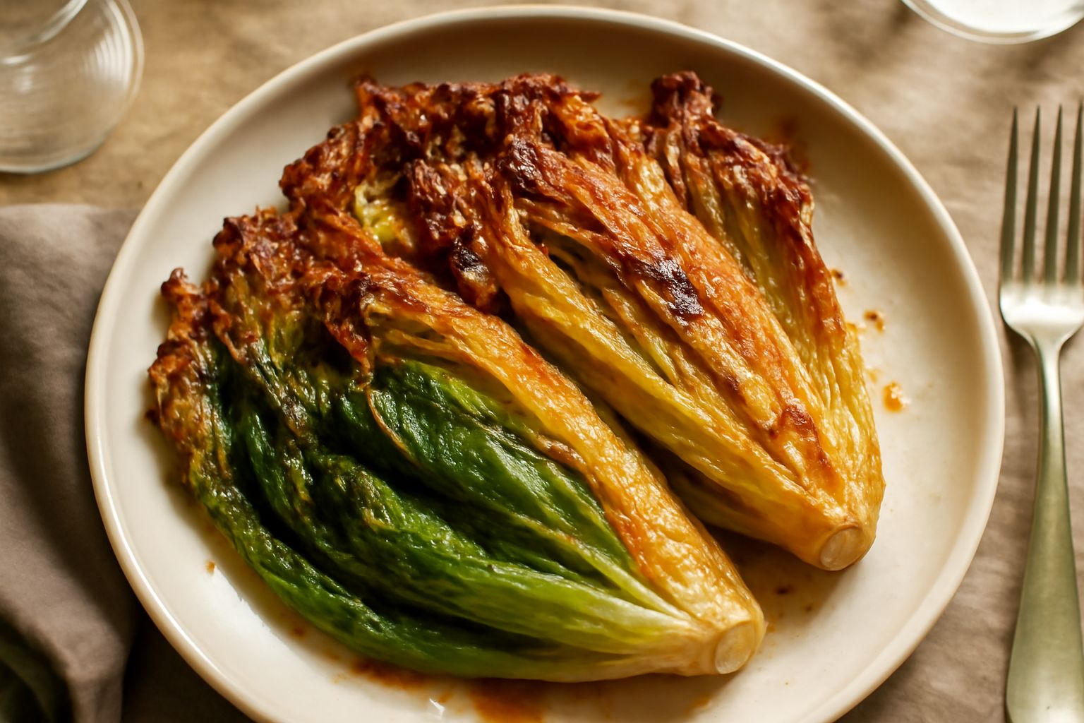Scarole dorate e caramellate in una pirofila bianca, foglie croccanti e ondulate ai bordi, zucchero caramellato visibile sulla superficie, fondo di forno caldo
