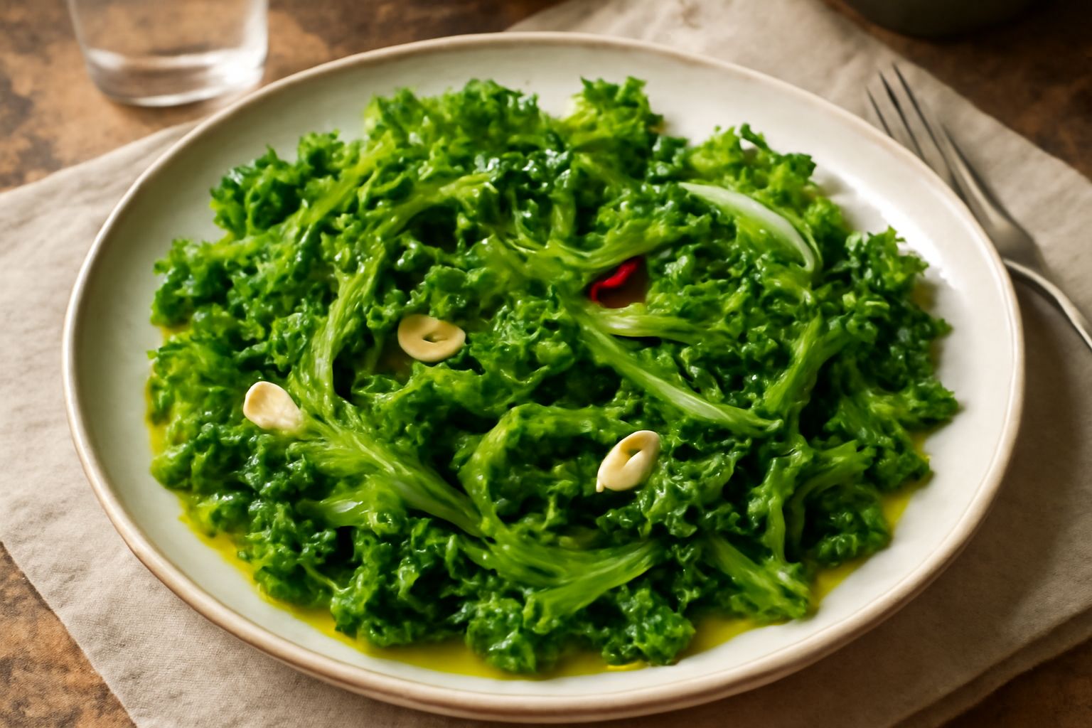 Scarole ricciolute verdi appena cotte in una padella, con foglie integre e frastagliate, condite con olio e aglio, garnish di peperoncino rosso su fondo bianco