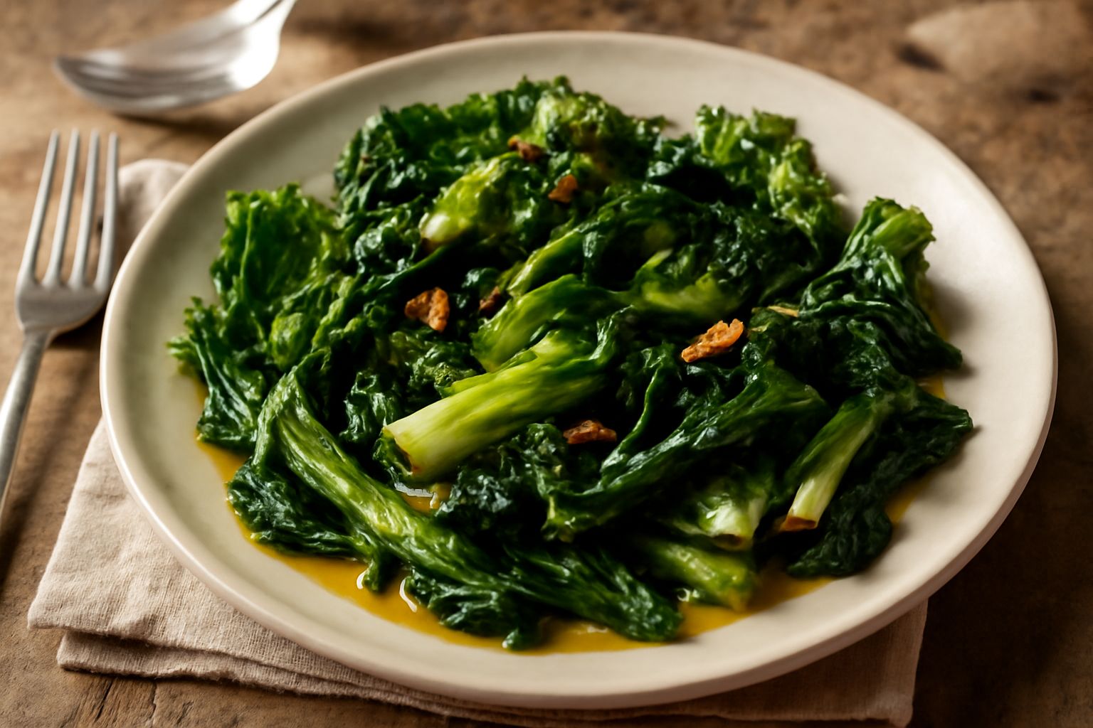 Scarole scure e croccanti in una padella di terracotta, con aglio dorato e gocce di olio lucido che brillano, accanto a una ciotola di peperoncino secco