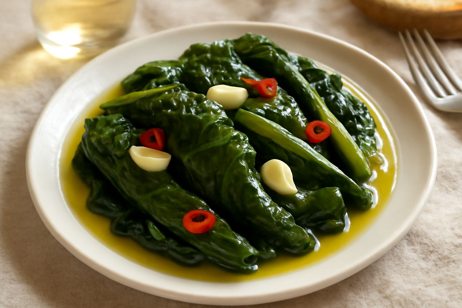 Scarole sott'olio in vasetto di vetro trasparente, verdi e lucide, coperte di olio dorato, con spicchi d'aglio visibili e peperoncino rosso tra le foglie