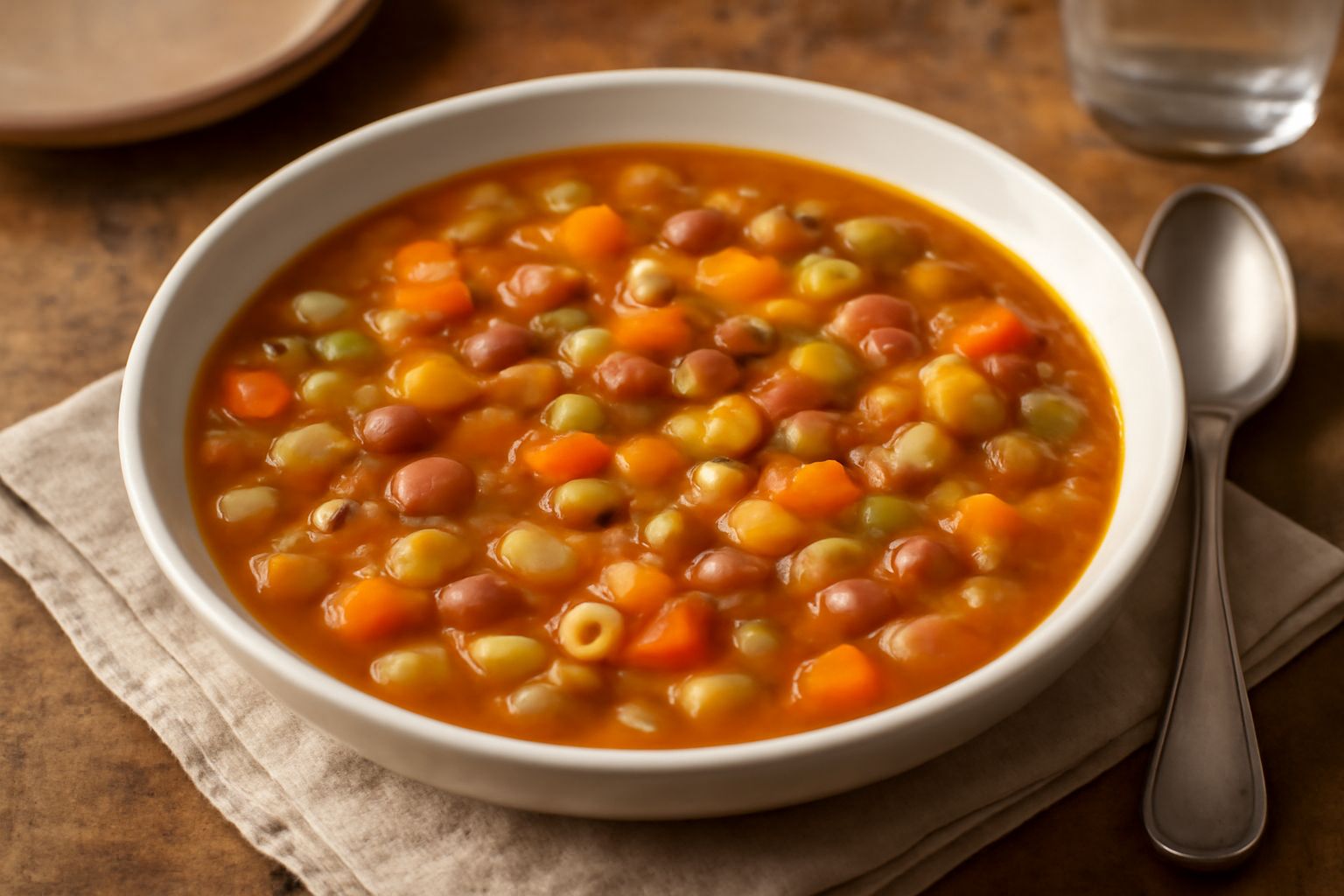 Una ciotola di terracotta contenente minestrone denso con fagioli beige, verdure tagliate, pasta tubolare e brodo trasparente, guarnito con foglie di prezzemolo fresco verde, servito su un tavolo di l