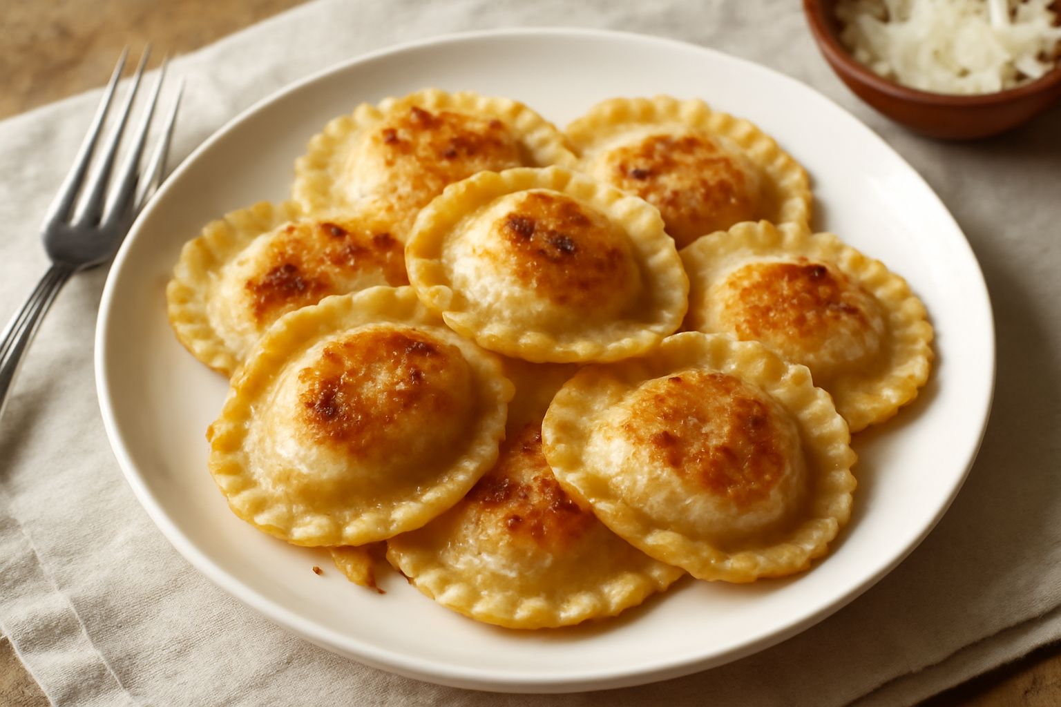 Scarpinocc dorati e croccanti disposti su carta assorbente, con patate bollenti e formaggio fuso sullo sfondo sfocato