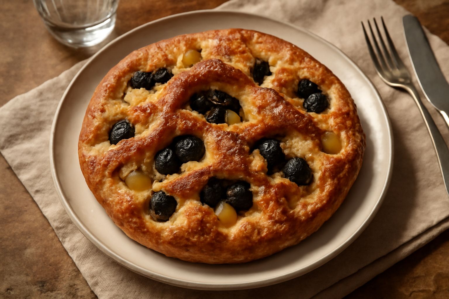 Schiaccia alle uve appena sfornata, pasta dorata e croccante in superficie con acini d'uva visibili tra le pieghe, spolverata di zucchero semolato, su piatto bianco