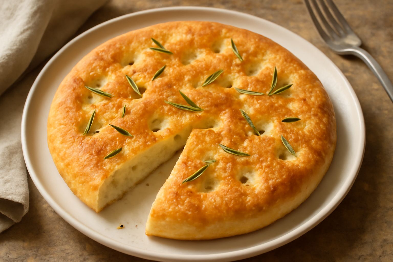 Schiaccia all'olio dorata e croccante su un piatto di ceramica bianca, tagliata a fette, con rosmarino fresco e grani di sale marino grosso visibili sulla superficie