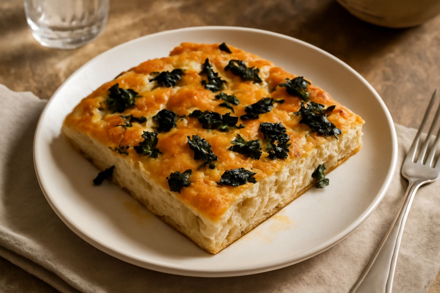 Schiaccia col cavolo nero appena sfornata, dorata e oleosa in superficie, con cavolo nero visibile tra le pieghe dell'impasto, disposta su carta da forno