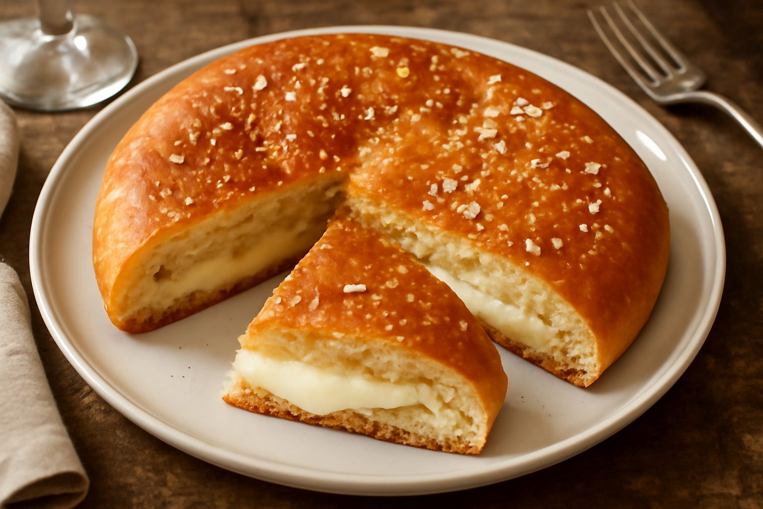 Schiaccia col formaggio dorata su un piatto bianco, tagliata a spicchi, con formaggio fuso visibile nel ripieno e superficie croccante cosparsa di sale marino