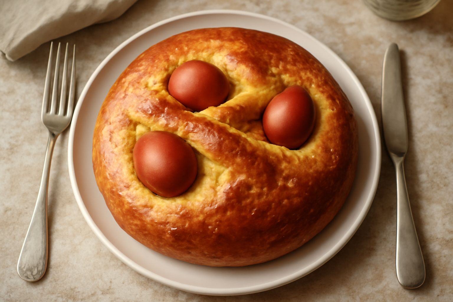 Schiaccia di Pasqua dorata su piatto bianco, con crosta lucida e morbida, uova intere decorative nei gusci colorati sulla superficie, miette di zucchero e cristalli, sfondo neutro