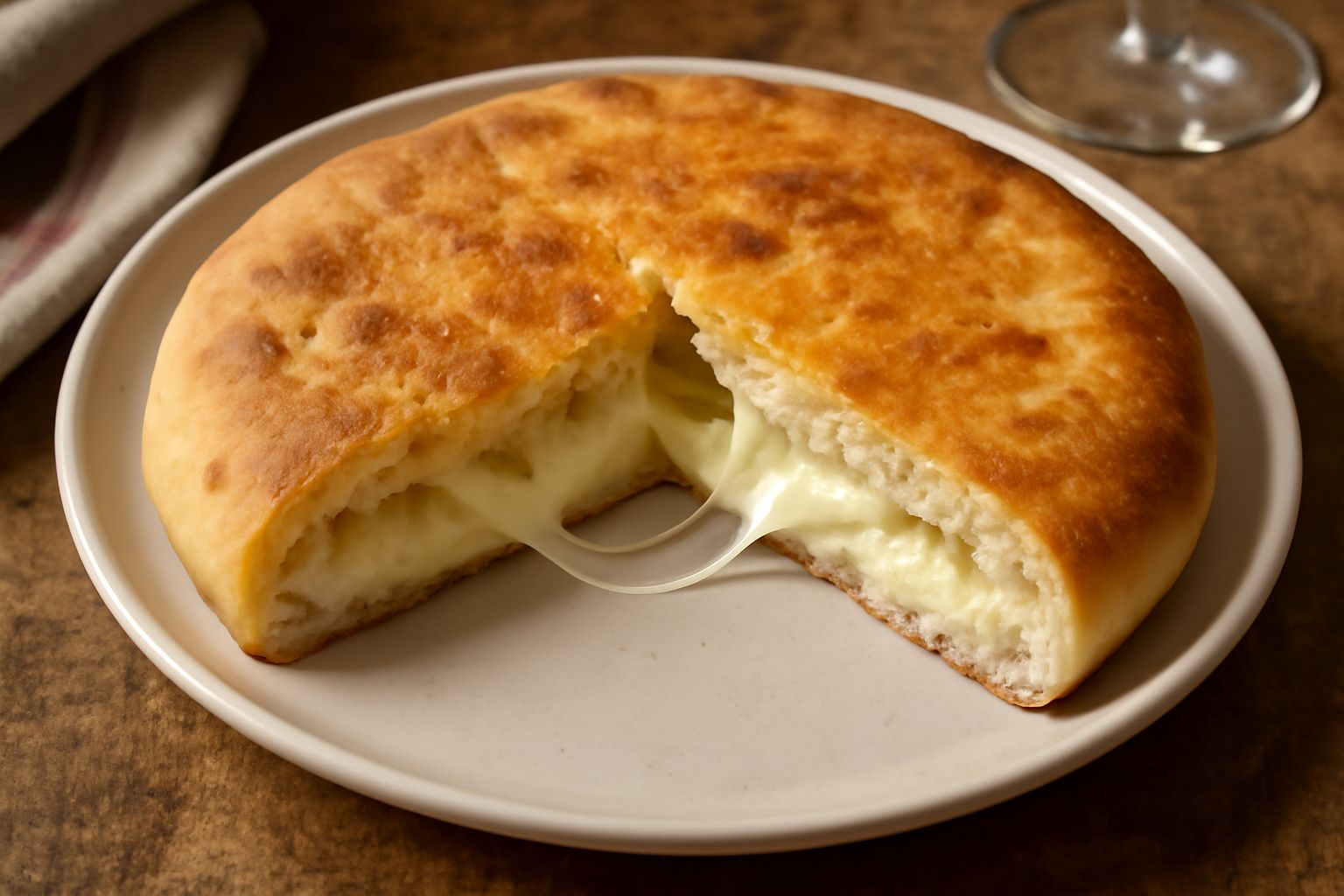 Schiaccia ripiena di formaggio dorata e croccante, tagliata in due metà, con formaggio filante che fuoriesce da dentro, poggiata su un piatto di ceramica bianca