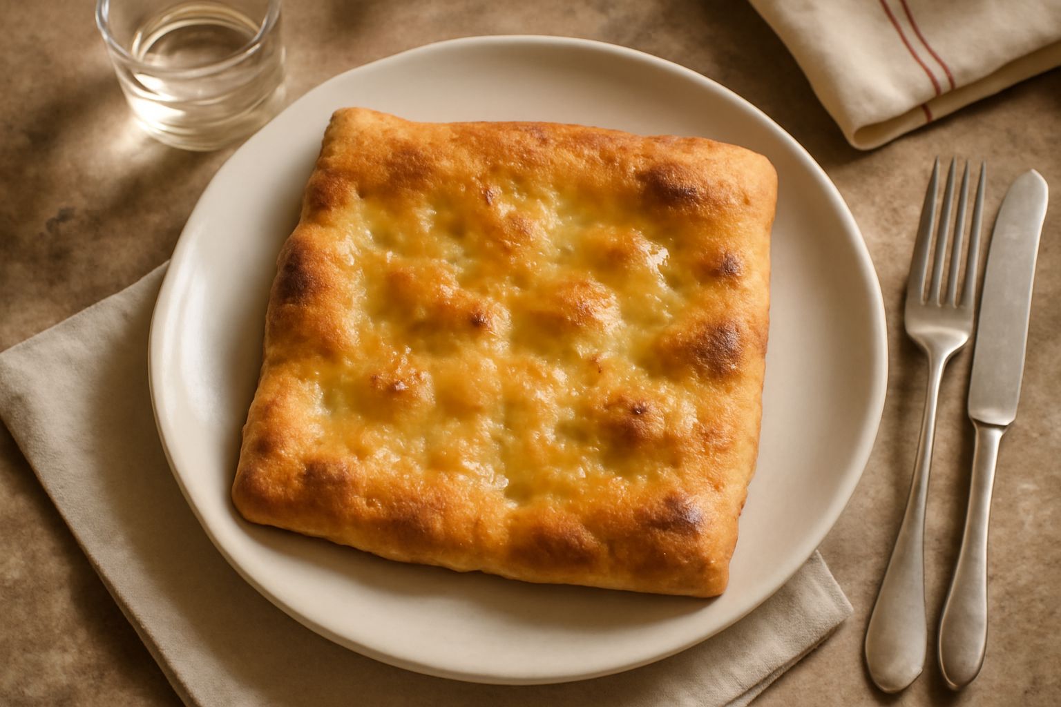 Schiaccia appena sfornata su lastra di pietra, dorata con macchie croccanti, cosparsa di sale grosso e rivoli di olio che luccicano