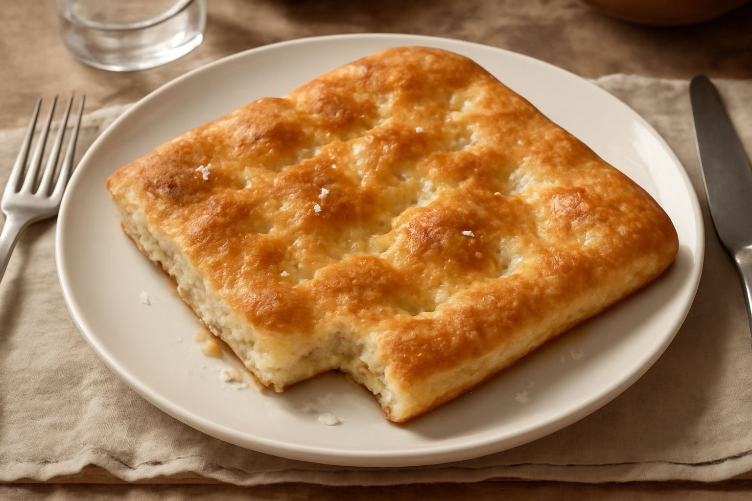 Schiacciata toscana dorata su superficie di legno, con cristalli di sale grosso visibili sulla crosta, olio che brilla, tagliata a metà per mostrare la mollica soffice e alveolata