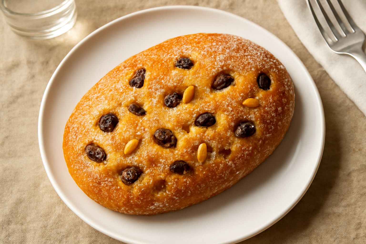 Schiacciata alla fiorentina intera su un piatto bianco, superficie dorata e croccante cosparsa di zucchero semolato, pezzetti di uvetta visibili in superficie e nel taglio trasversale, forma ovale sch