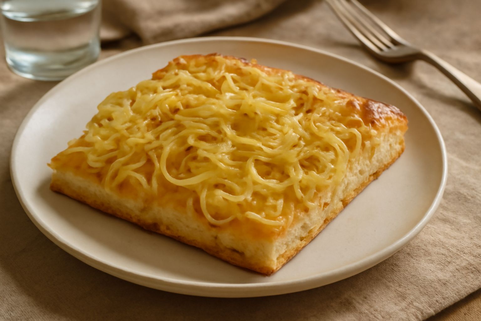 Schiacciata alla genovese appena sfornata su un vassoio di legno, dorata e croccante in superficie, coperta visibilmente da anelli di cipolla caramellati, olio brillante, sale marino, sfondo bianco