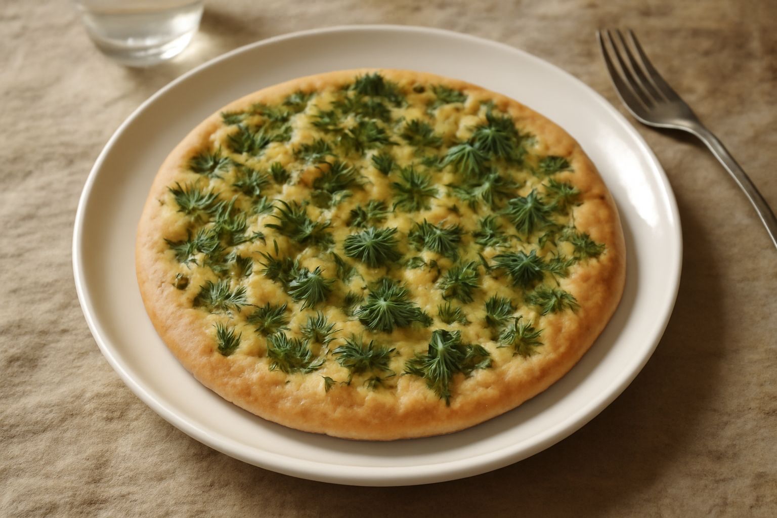 Schiacciata alle erbe appena sfornata, dorata e croccante, con foglie visibili di rosmarino e basilico sulla superficie, olio d'oliva lucido