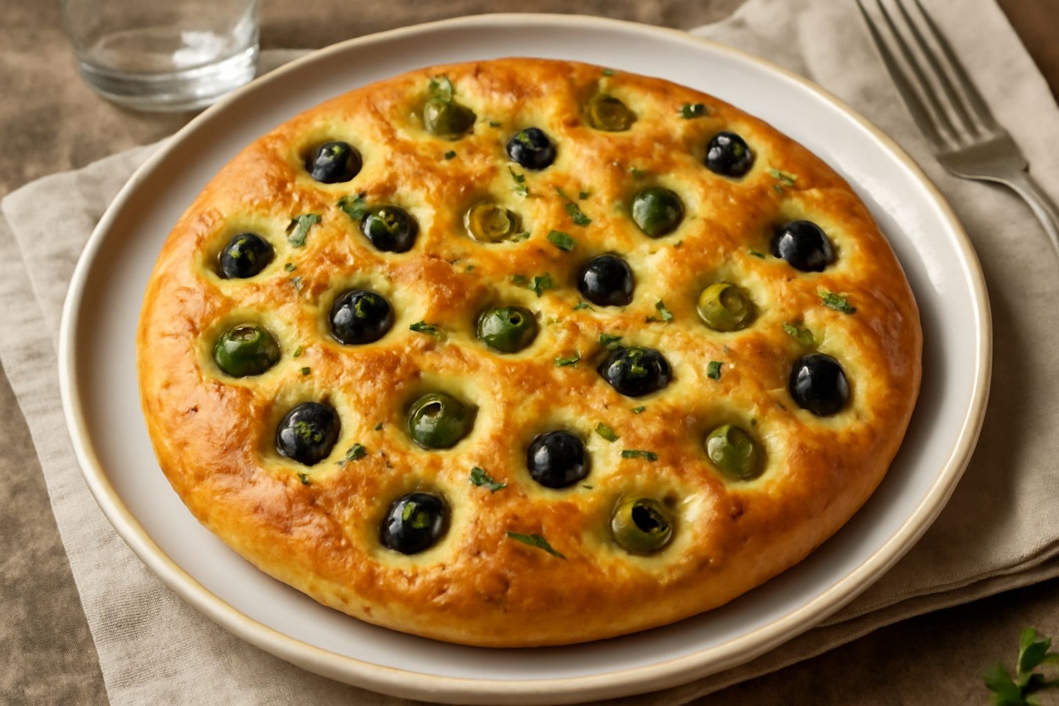Schiacciata alle olive appena sfornata, dorata in superficie con olive nere visibili e rosmarino, posata su carta da forno, olio luccicante su tutta la superficie