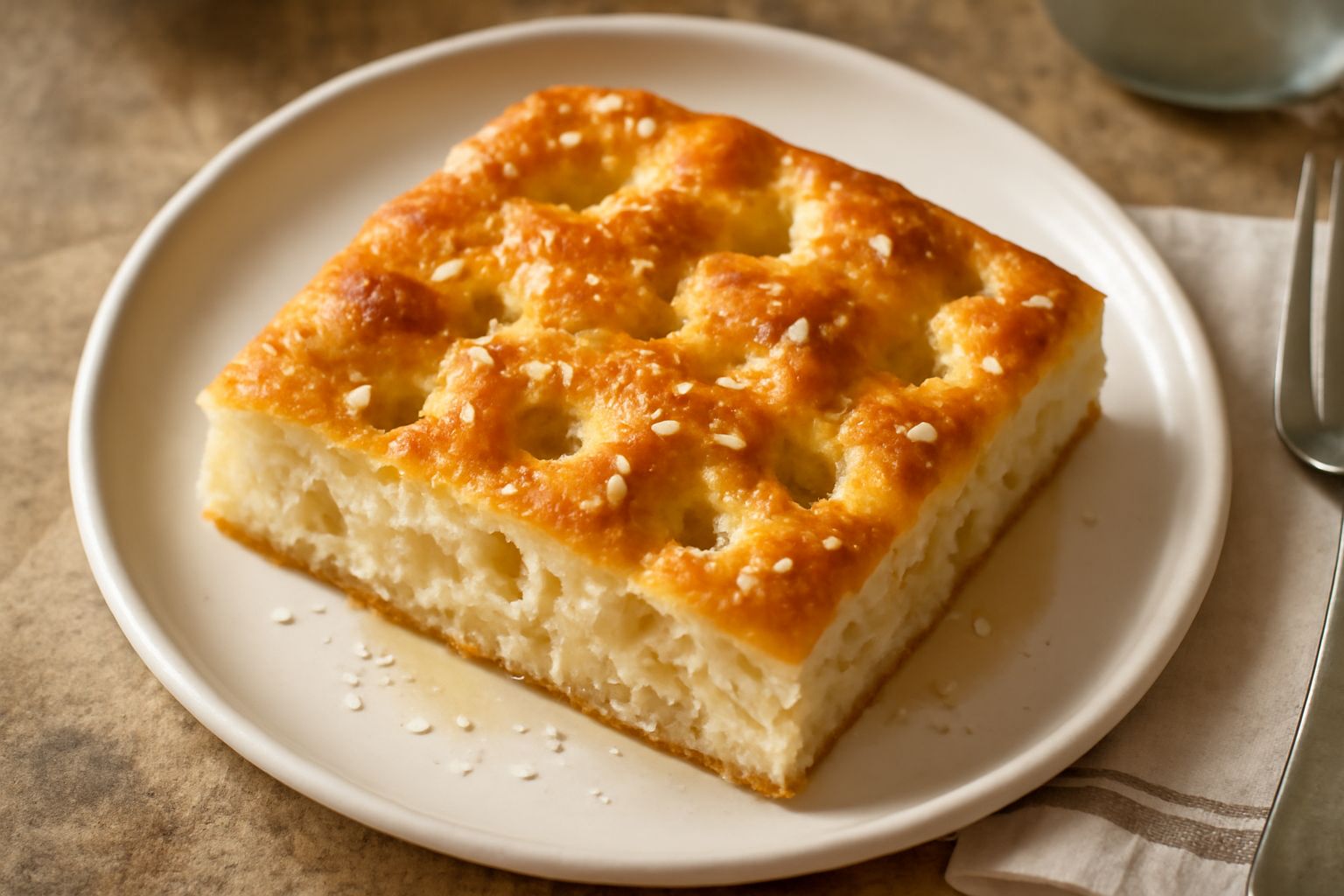 Schiacciata all'olio rettangolare color oro, con buchi irregolari in superficie e bolle di vapore appena uscita dal forno, cosparsa di sale grosso e rivoli di olio
