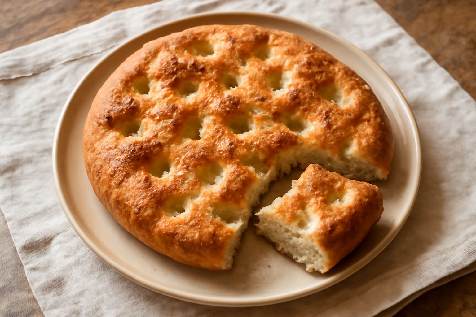 Schiacciata all'olio appena sfornata, pane piatto color nocciola scuro con superficie irregular,e, spruzzata di olio dorato e grani di sale grosso, poggiata su un canovaccio di lino bianco.