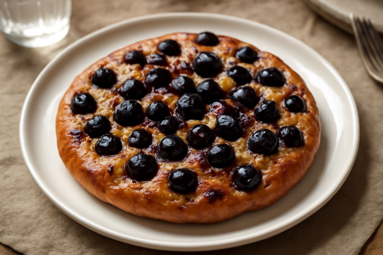 Schiacciata all'uva appena sfornata: base di pasta lievitata color oro scuro, coperta da chicchi d'uva fragola blu e nera brillanti, olio d'oliva lucido in superficie, porzioni tagliate sul vassoio di