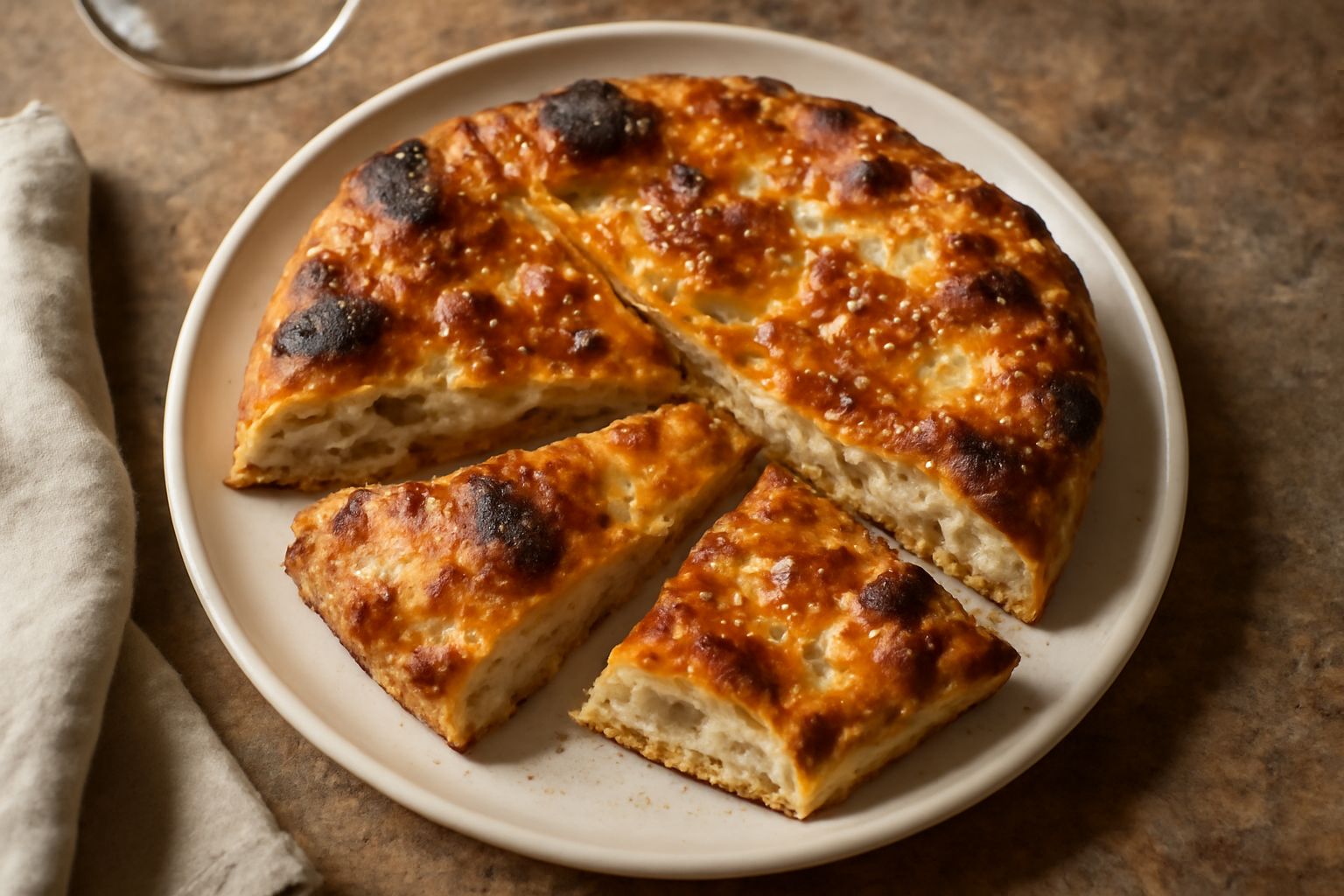 Schiacciata bianca dorata su un tavolo di legno, con la superficie croccante e leggermente salata, spezzata in due per mostrare l'interno soffice e gli alveoli irregolari