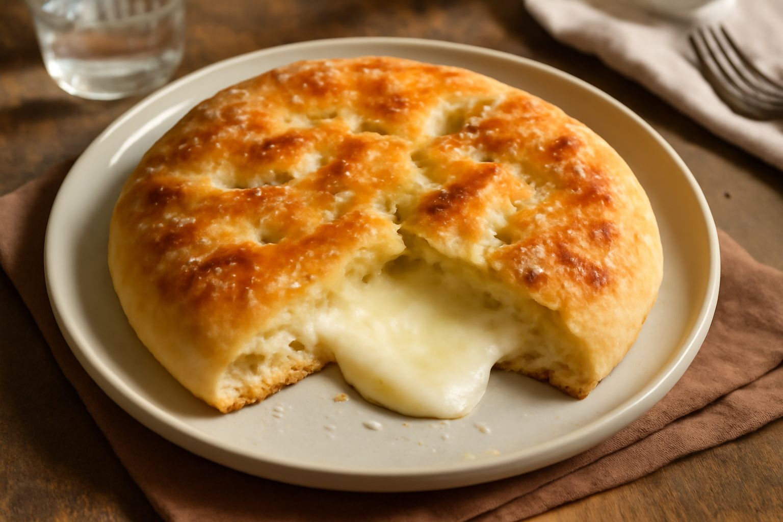 Schiacciata col formaggio spezzata a mano, con formaggio filante visibile all'interno, superficie dorata e cosparsa di sale grosso, su un piatto bianco