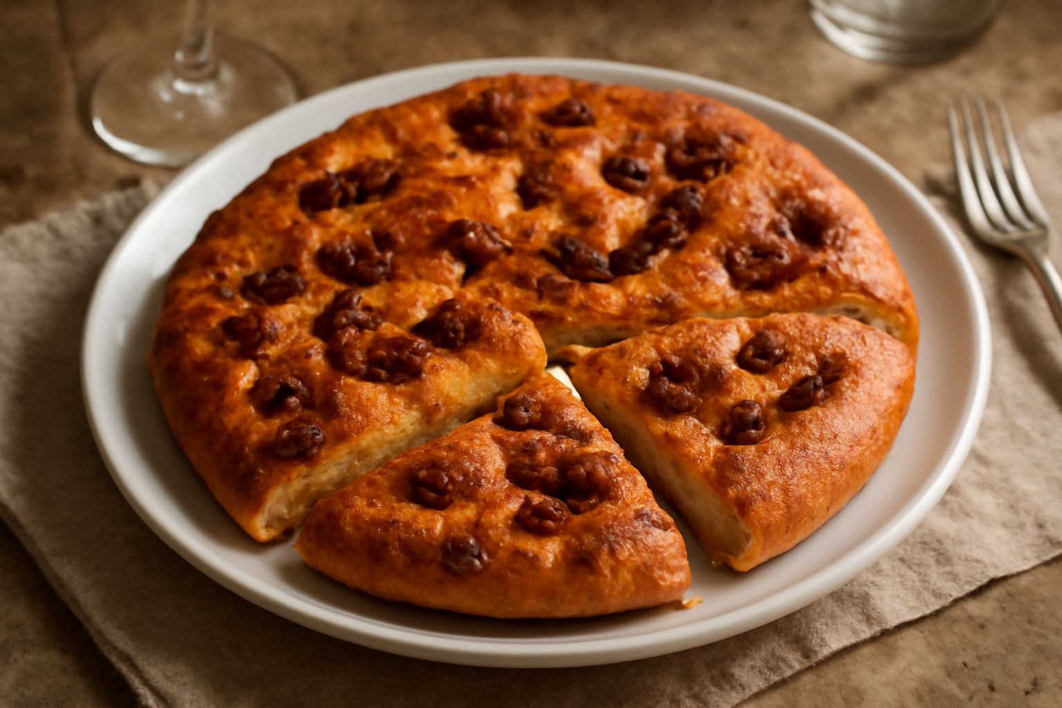 Schiacciata appena sfornata, dorata e irregolare, con ciccioli visibili sulla superficie e in sezione, intera su un canovaccio di lino bianco