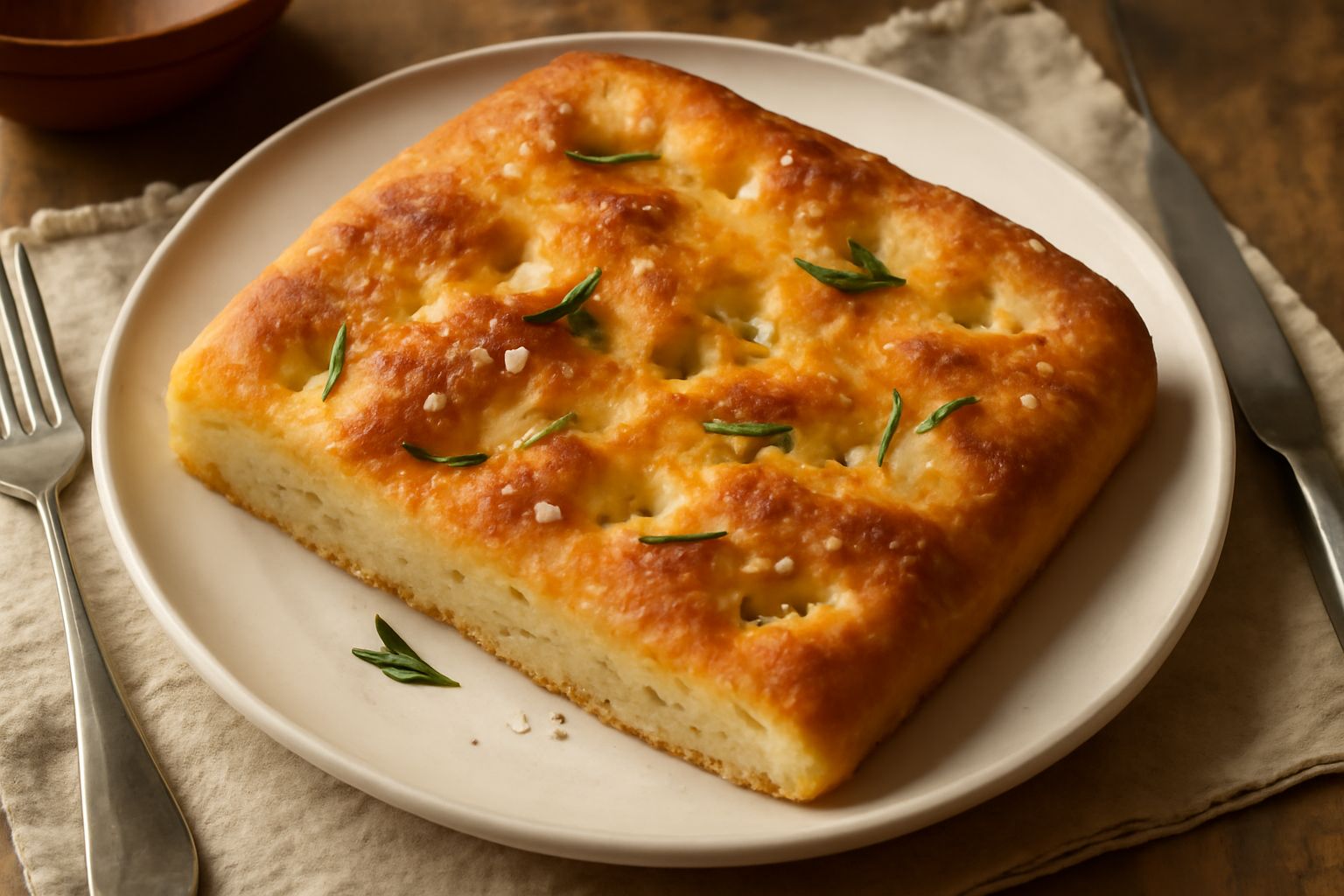 Schiacciata appena sfornata, dorata e leggermente croccante in superficie, con fossette profonde, granelli di sale grosso visibili e un filo di olio d'oliva, posta su una carta da forno bianca