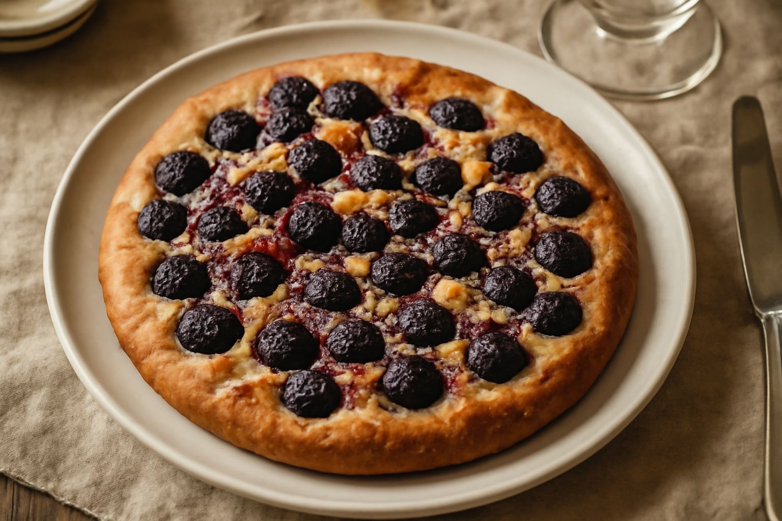 Schiacciata con l'uva appena sfornata su una teglia di carta forno, superficie dorata e lucida ricoperta di zucchero e acini d'uva fragola viola scuri visibili sotto la pasta, con qualche chicco spars