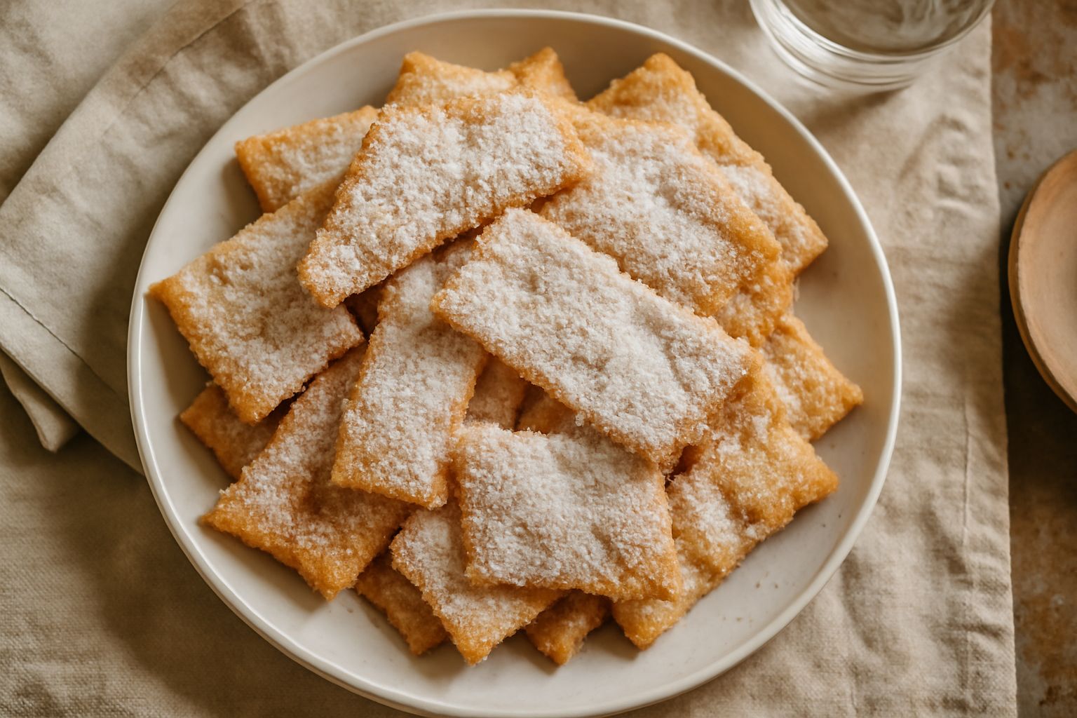 Schiacciata di carnevale dorata e croccante, spolverata di zucchero a velo, su un piatto bianco con bordo festivo, tagliata in strisce irregolari
