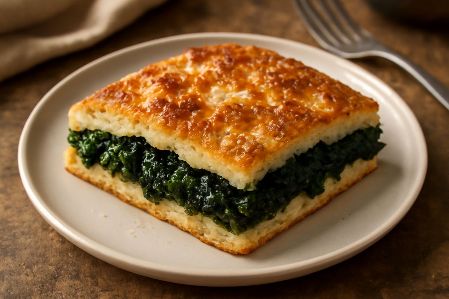 Schiacciata di cavolo nero appena sfornata, con superficie dorata e croccante, spaccata in due che mostra il cavolo nero verde scuro all'interno ancora brillante, poggiata su carta da forno bianca, ri