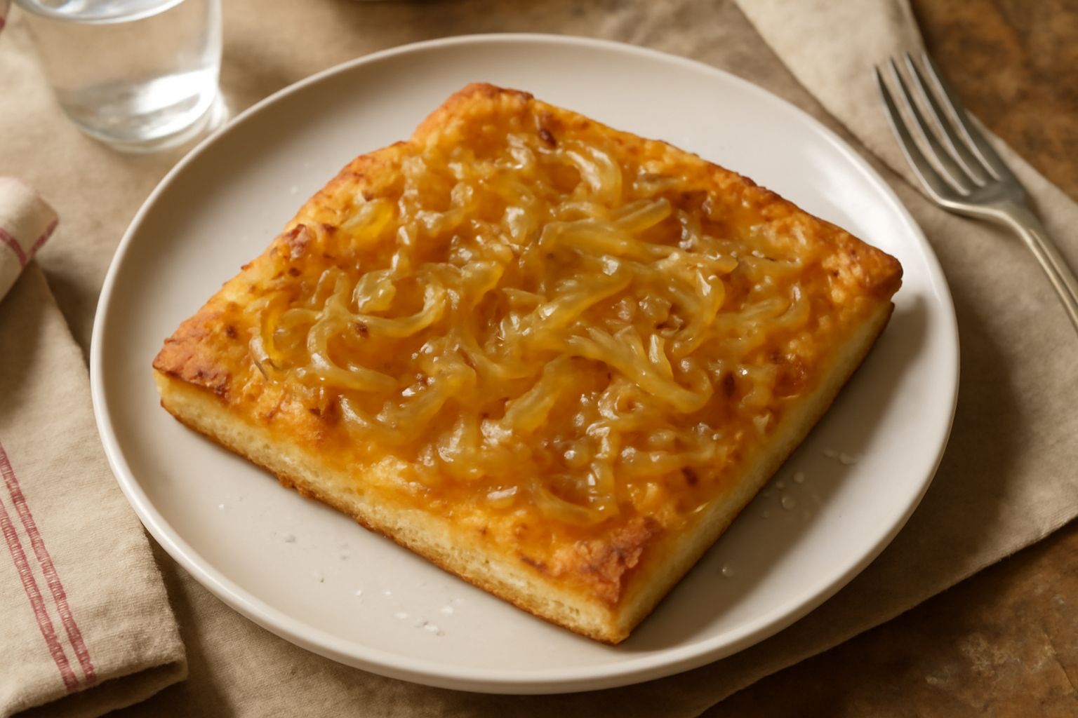 Schiacciata di cipolla dorata su un piatto bianco, ricoperta di cipolla caramellata trasparente, con crosta leggermente croccante e erbe su superficie