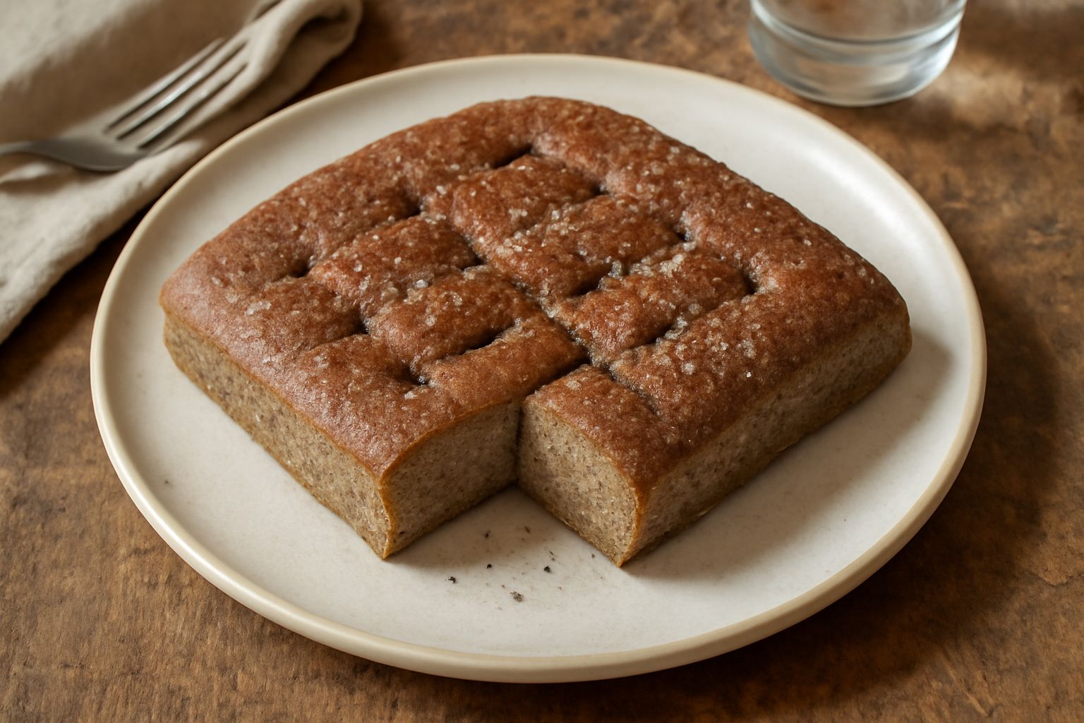 Schiacciata di grano saraceno rettangolare su piatto bianco, crosta marrone dorata con cristalli di sale marino visibili, spezzata in due metà che mostrano l'interno beige chiaro e morbido, contorno d