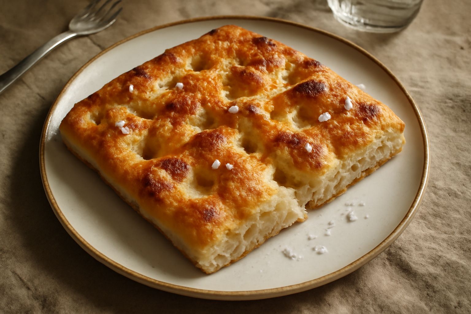 Schiacciata di Livorno appena sfornata, dorata e croccante, con superficie irregolare lucida d'olio, disposta su un piatto di ceramica bianca con grani di sale marino visibili