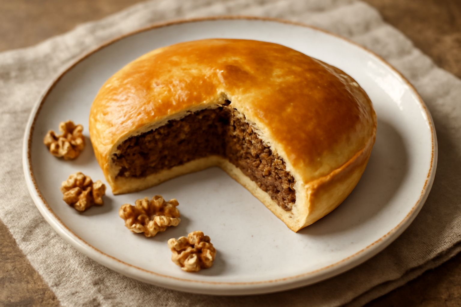 Schiacciata di noci rettangolare con superficie dorata e croccante, tagliata in quadrati, su piatto bianco con briciole di noci sparse intorno