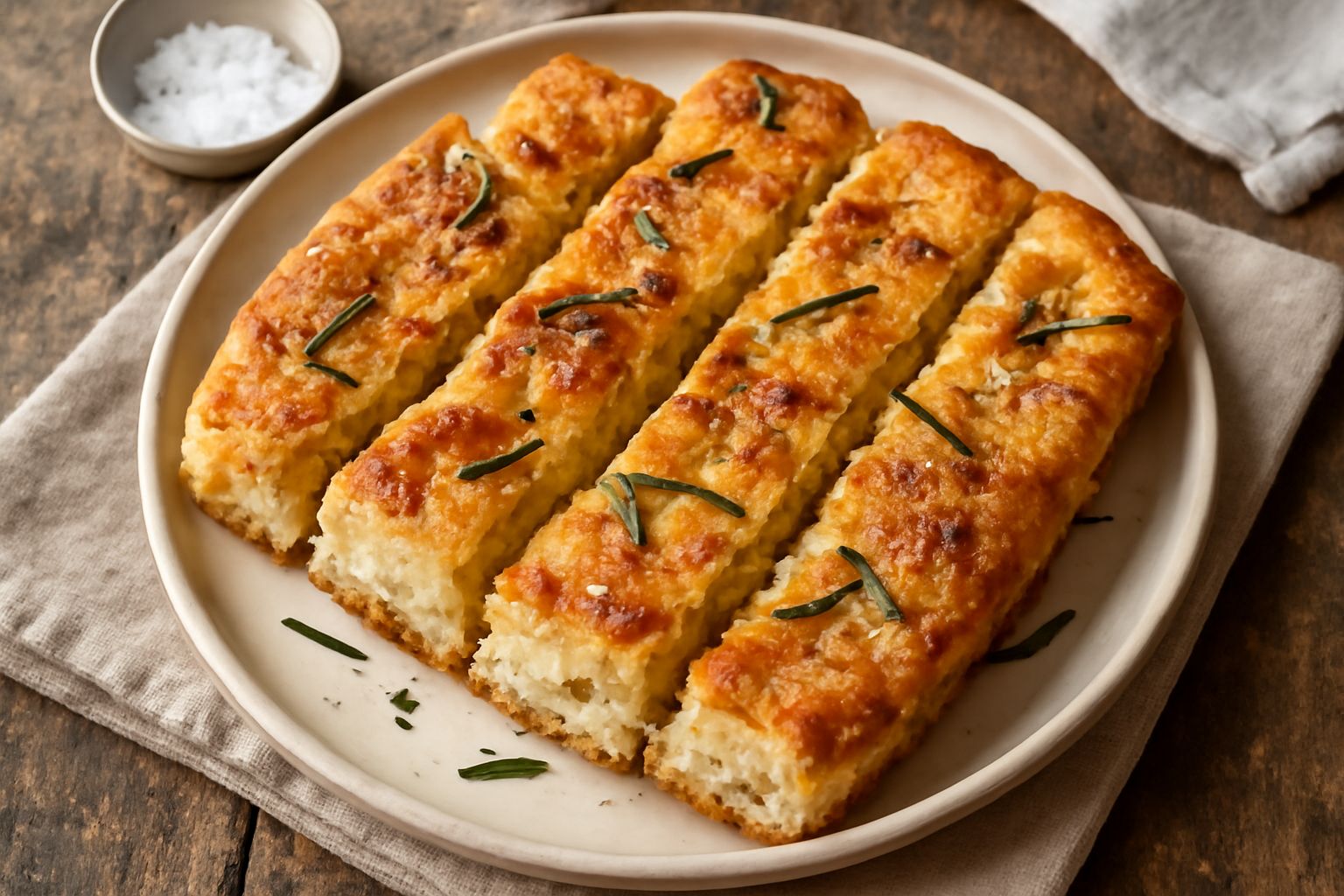 Una schiacciata di pan raffermo tagliata a strisce, color dorato con macchioline dorate di olio, sparsi granelli di sale grosso e aghi di rosmarino fresco sulla superficie, disposta su un piatto di ce