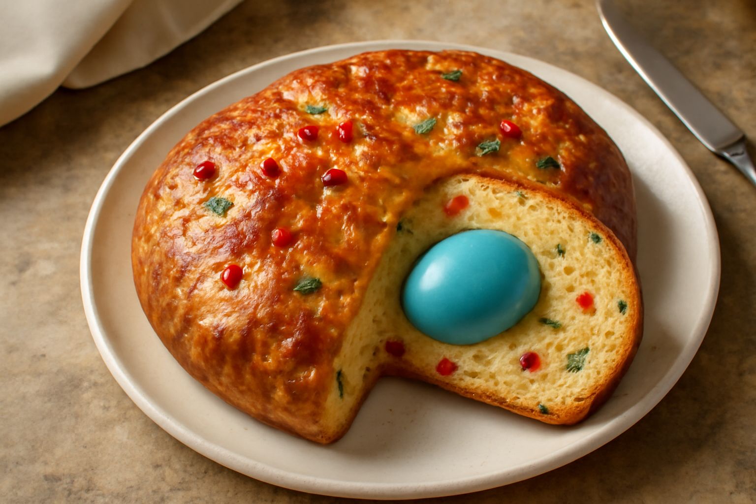 Schiacciata di Pasqua intera su piatto bianco, con crosta dorata brillante, superficie irregolare, uova sode colorate visibili nel taglio, canditi rossi e verdi sparsi, forma ovale leggermente bombata