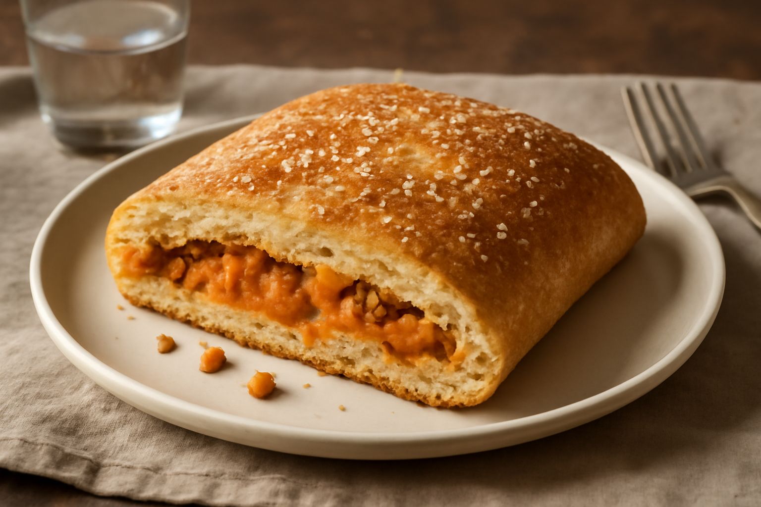 Una schiacciata di zucca appena sfornata, dorata in superficie, sdraiata su carta bianca. Si vede il taglio laterale che mostra il ripieno di zucca arancione mescolata a pezzi di noce. La forma è rett