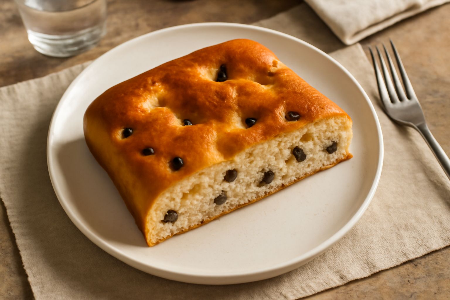 Schiacciata dolce di forma rettangolare, dorata in superficie, leggermente brillante, con uva passa e scorza d'arancia candita visibili sulla parte superiore, tagliata a fette su un piatto bianco