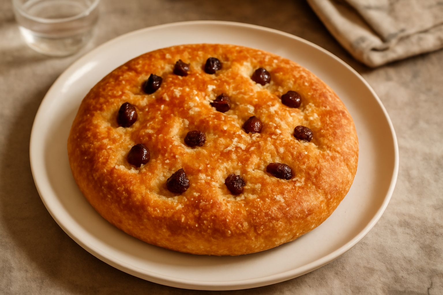 Schiacciata dolce salata appena sfornata, dorata in superficie, con cristalli di sale marino grosso e zucchero sparsi, impiattata su un piatto bianco con filo di olio d'oliva
