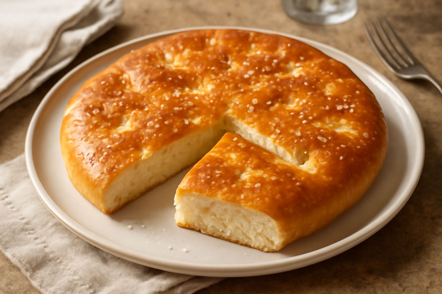 Schiacciata d'olio appena sfornata su una tavola di legno, superficie dorata e lucida brillante di olio, sale grosso sparso, tagliata a metà che mostra l'interno bianco e morbido, con una ciotola di o
