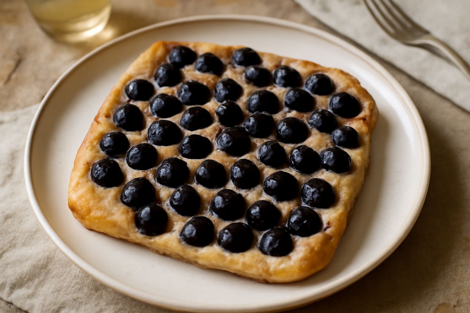 Schiacciata d'uva appena sfornata, rettangolare e bassa, con bucce di uva nera che affiorano dalla superficie e zucchero semolato croccante visibile sopra l'impasto color panna dorato