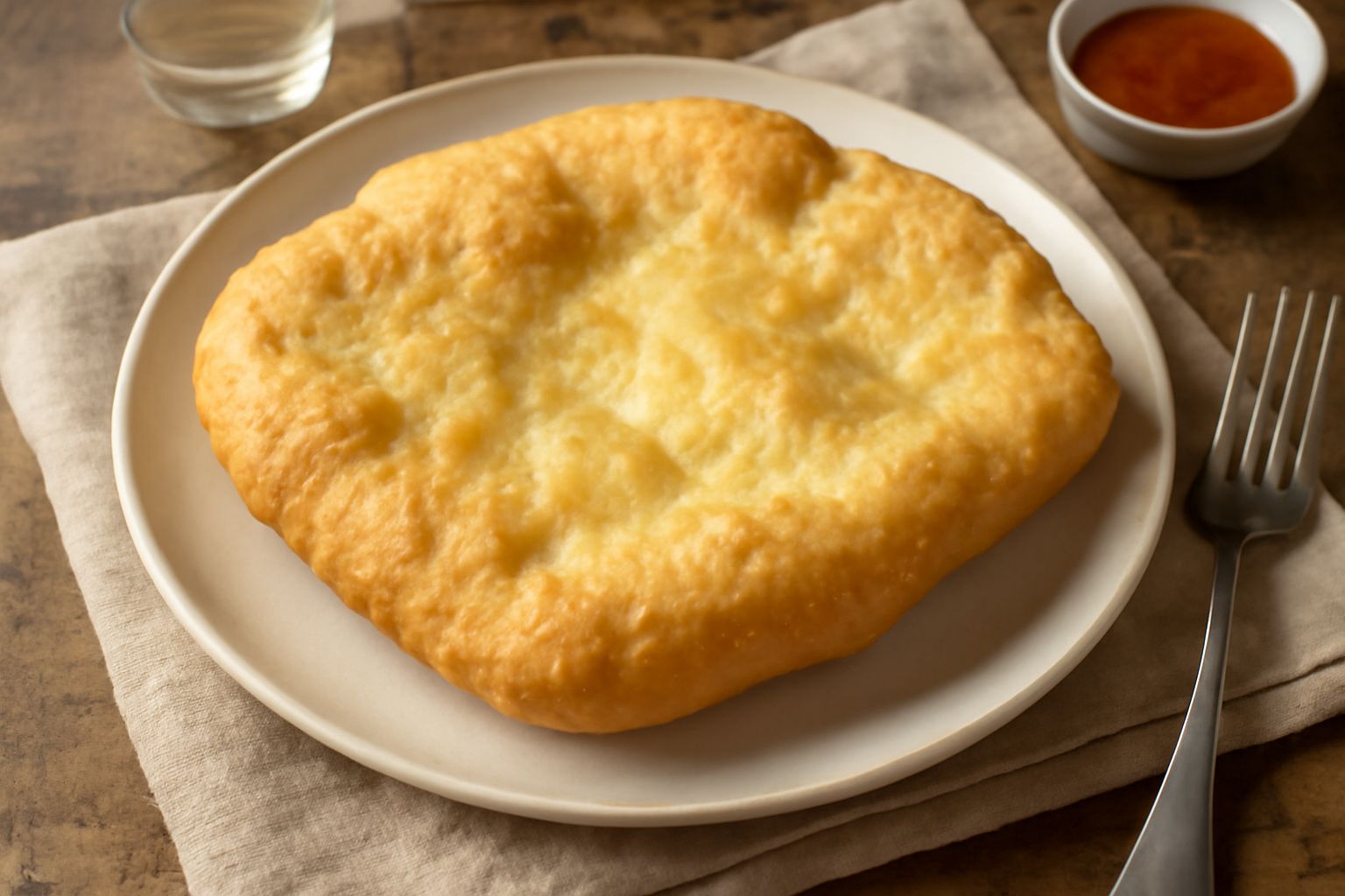 Schiacciata fritta dorata e gonfia su piatto bianco, con cristalli di sale grosso sparsi in superficie, vapore ancora visibile, accompagnata da un piccolo piatto di miele