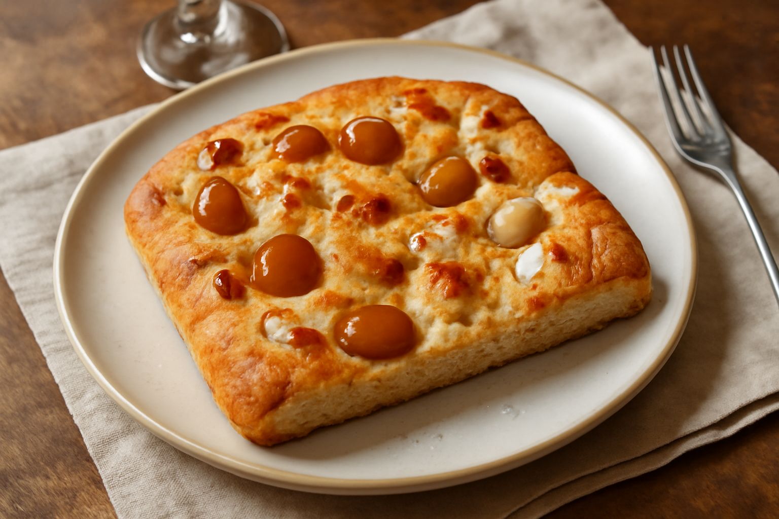 Schiacciata friulana appena sfornata su tavolo di legno, superficie dorata e croccante con cristalli di sale grosso, cipolla caramellata visibile sulla parte superiore, taglio trasversale che mostra l