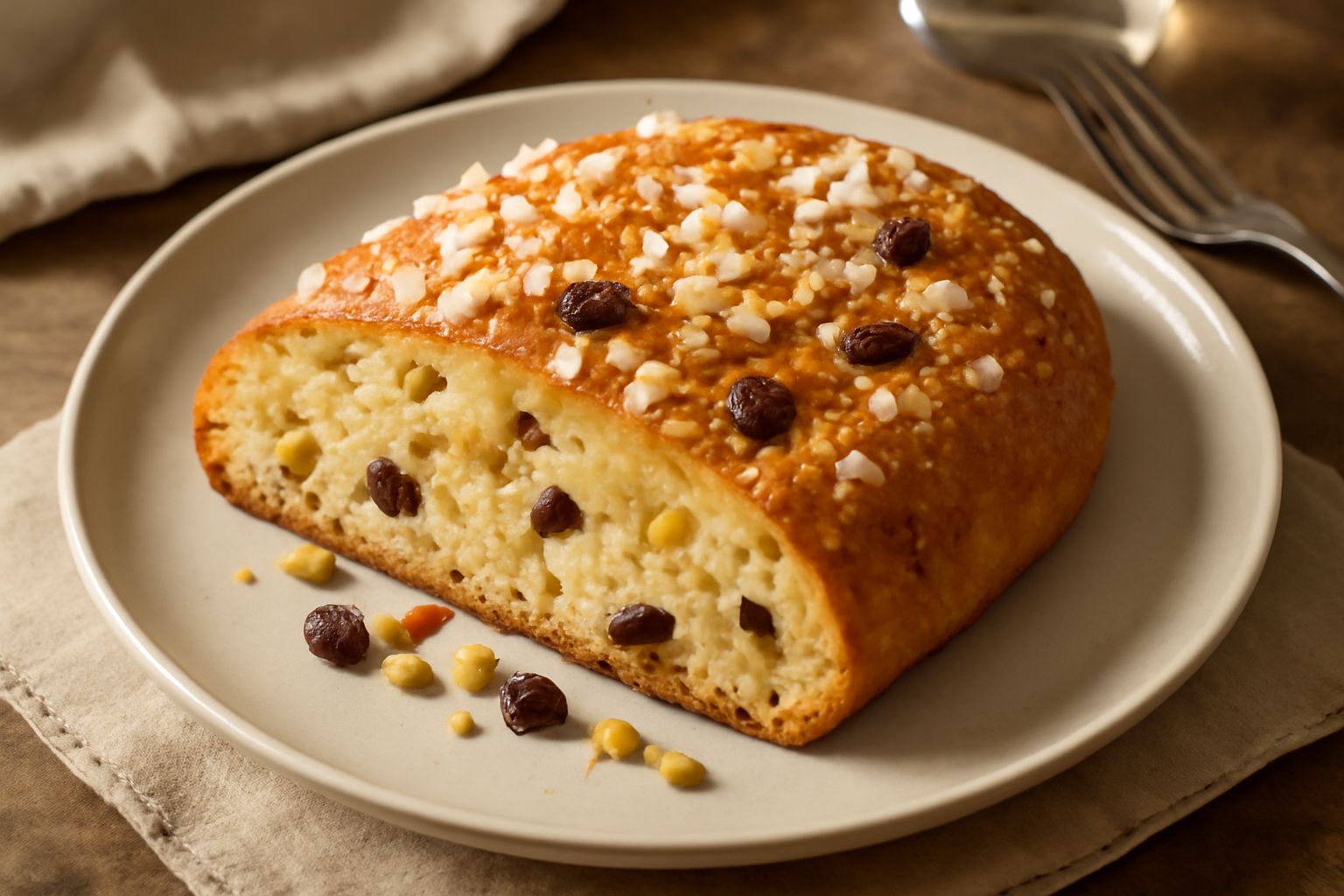 Schiacciata mantovana intera su un tavolo di legno chiaro, pane dolce color oro pallido con grani di zucchero bianchi in superficie, spezzoni di uvetta scura e pinoli visibili sull'impasto, contorno d