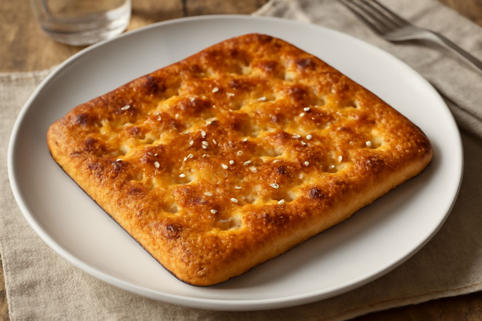Una schiacciata meranese appena sfornata, rettangolare, con superficie dorata irregolare cosparsa di sale grosso, su una tavola di legno bianco
