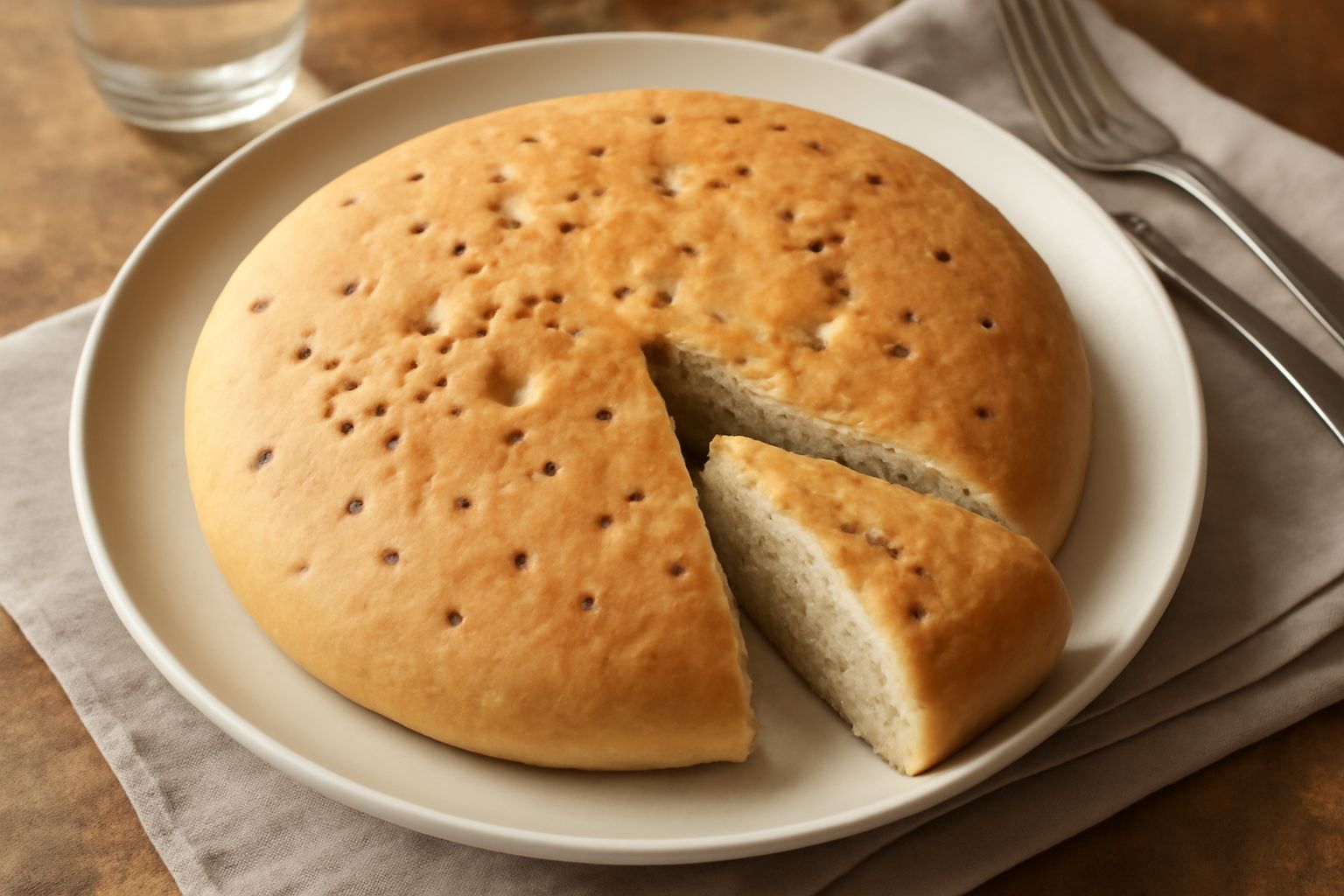 Schiacciata molisana tondeggiante con superficie dorata e croccante, sparsa di semi d'anice visibili, sezionata per mostrare l'interno morbido e beige chiaro, su tavolo in legno con olio d'oliva in bo