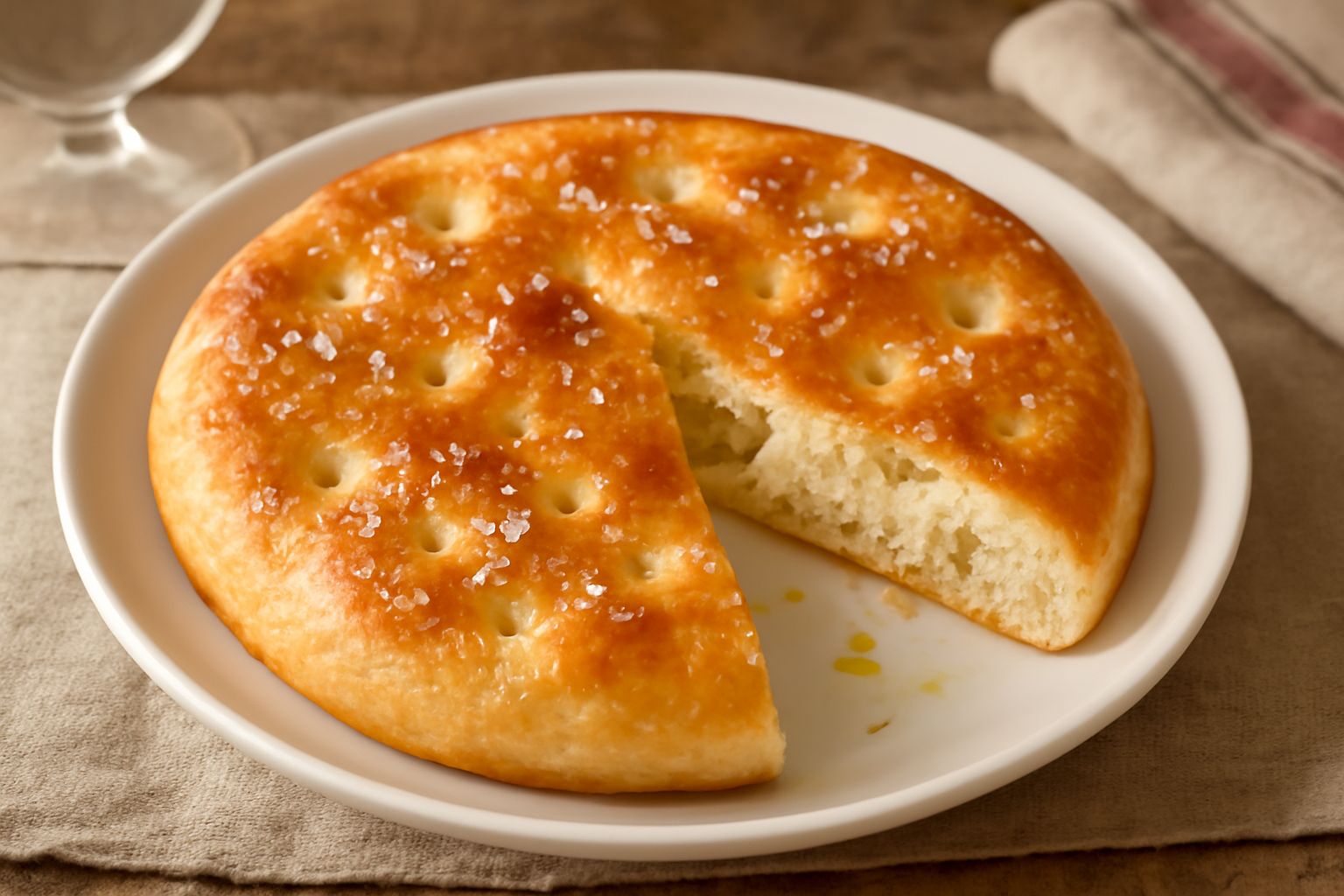 Schiacciata piemontese rettangolare ancora calda, con crosta dorata e una leggera trama di sale grosso e gocce di olio extravergine in superficie, tagliata a porzioni su carta bianca