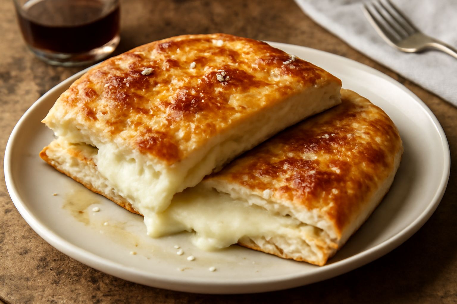 Schiacciata ripiena di formaggio dorata e croccante su carta forno, tagliata a metà per mostrare l'interno filante di formaggio fuso, con grani di sale marino grosso sulla superficie superiore