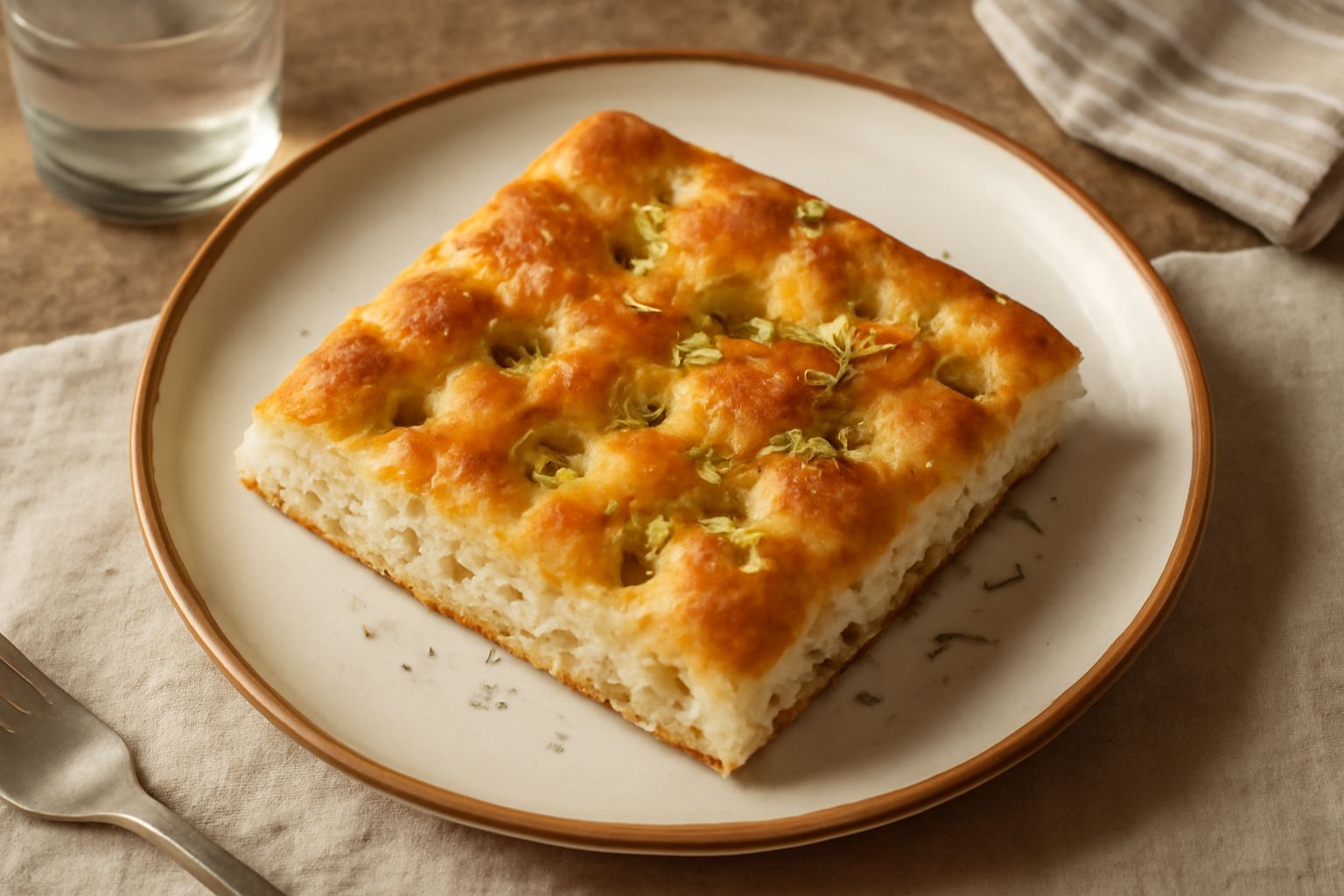 Una schiacciata salata appena sfornata, dorata e cosparsa di sale grosso, posata su una carta da forno bianca, con tracce di olio d'oliva lucido in superficie