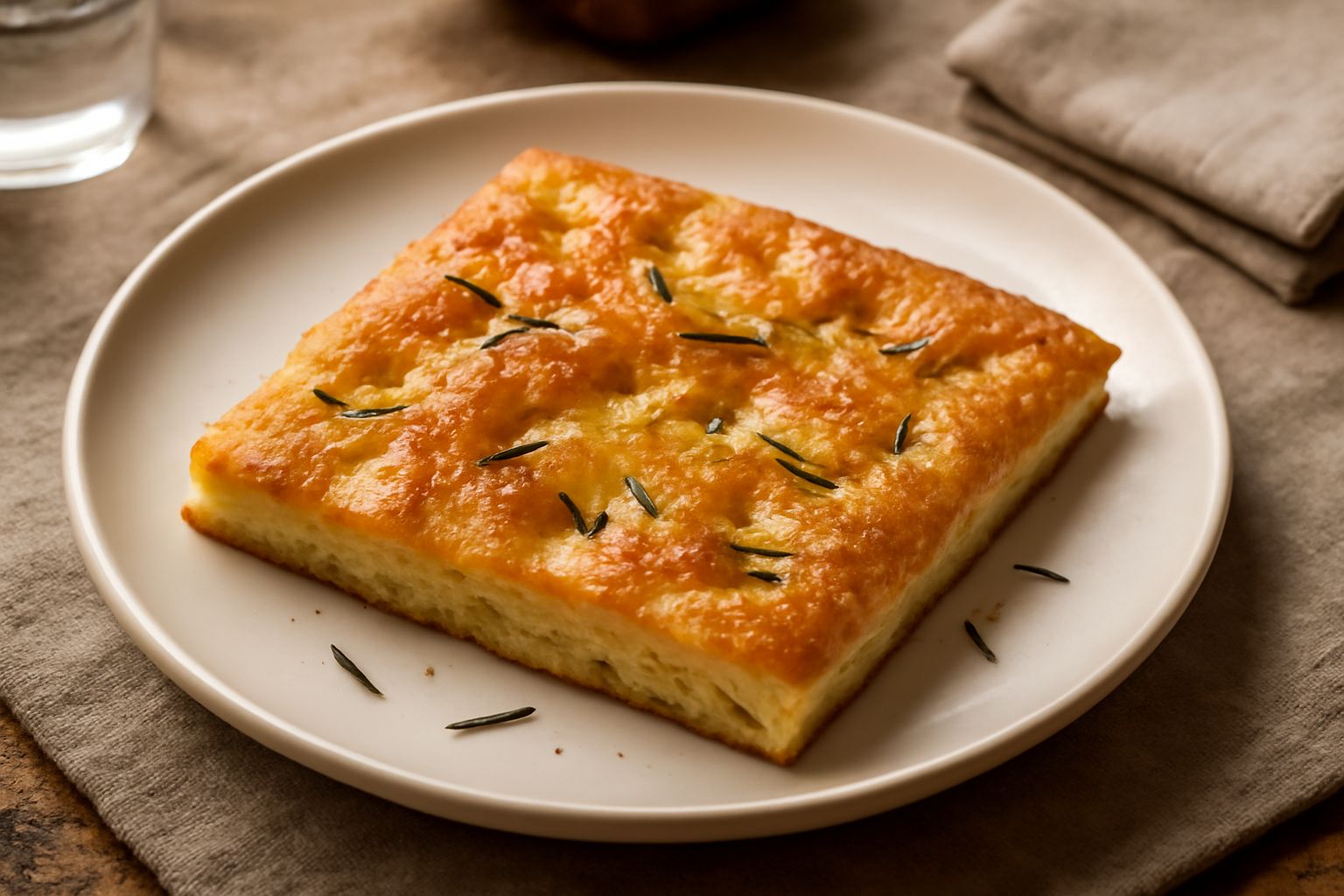 Schiacciata toscana su tavolo di legno: rettangolo dorato e croccante con cristalli di sale grosso e tracce di rosmarino, olio d'oliva lucido in superficie, spezzata in due pezzi mostrando la molla in
